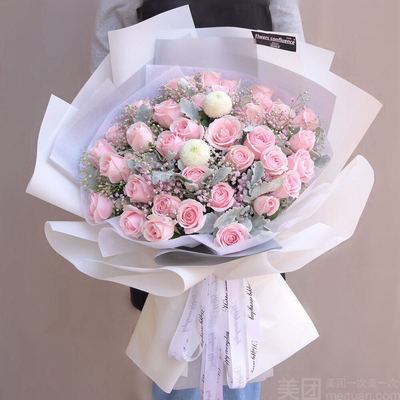 33朵粉红雪山玫瑰+银叶菊（全城配送）